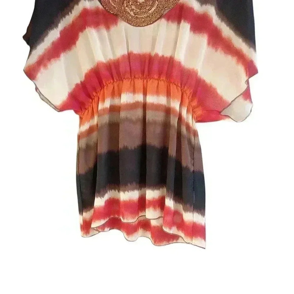 Studio Y Ombre Sheer Chiffon Beaded Neckline Flutter Sleeve Flowy Blouse Top - Picture 4 of 7